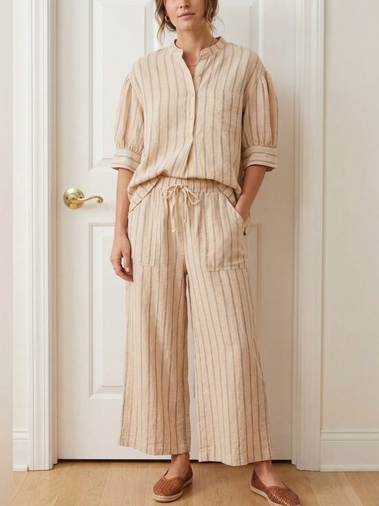 Stark X Pants - Stark X vintage beige blue striped 100% linen Joey top/ankle pant set M/XL